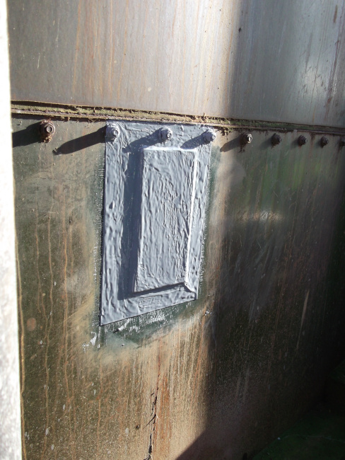Repair plate cold bonded using composite material, Belzona 1161 (Super UW-Metal)